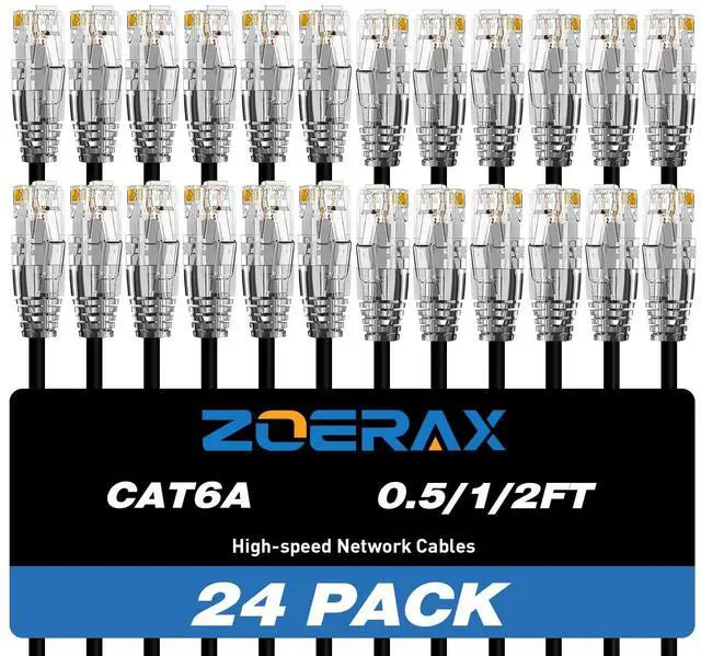 Main image of ZOERAX Cat6a Patch Cables 2ft (24 Pack), Slim Cat6 Ethernet Patch Cable 10Gbps 550MHz, RJ45, Gold-Plated Connectors, Internet for PC, TV, Tablet, Router, Printer, Servers, IT Data Center