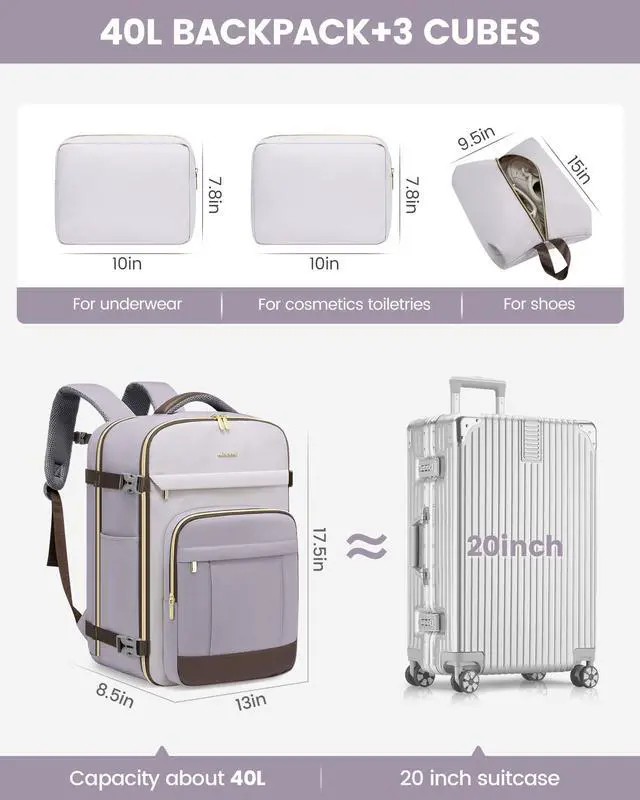 Alt view image 2 of 5 - LOVEVOOK 40L Travel Backpack for Women & Men - 17.3 Inch Carry On Backpack & Personal Item Backpack for Airlines, Spacious and Durable Design, with 3 Packing Cubes