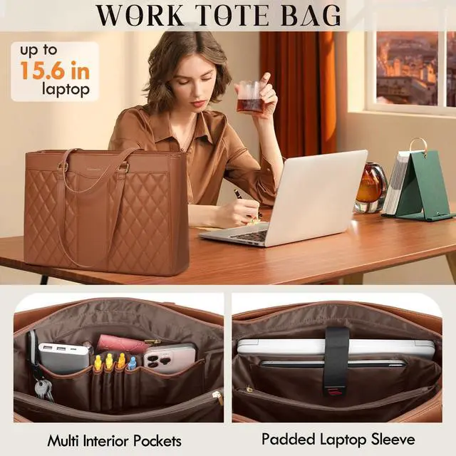 Alt view image 2 of 5 - RAINSMORE Laptop Bag for Women 15.6 Inch Work Tote Bags Leather Laptop Tote Professional Laptop Purse Computer Handbag Womens Briefcase Tote with Clutch for Teacher Office Travel, Brown