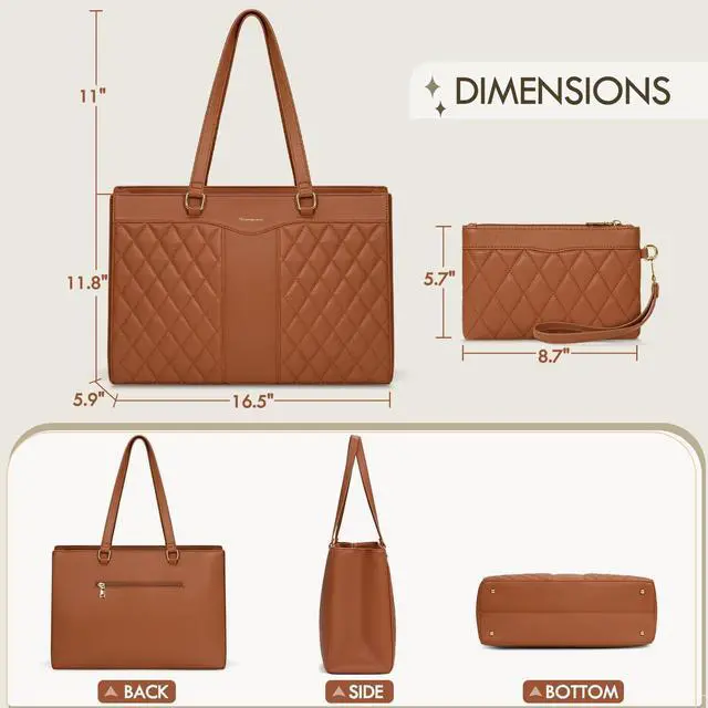 Alt view image 4 of 5 - RAINSMORE Laptop Bag for Women 15.6 Inch Work Tote Bags Leather Laptop Tote Professional Laptop Purse Computer Handbag Womens Briefcase Tote with Clutch for Teacher Office Travel, Brown