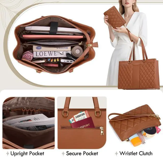 Alt view image 3 of 5 - RAINSMORE Laptop Bag for Women 15.6 Inch Work Tote Bags Leather Laptop Tote Professional Laptop Purse Computer Handbag Womens Briefcase Tote with Clutch for Teacher Office Travel, Brown