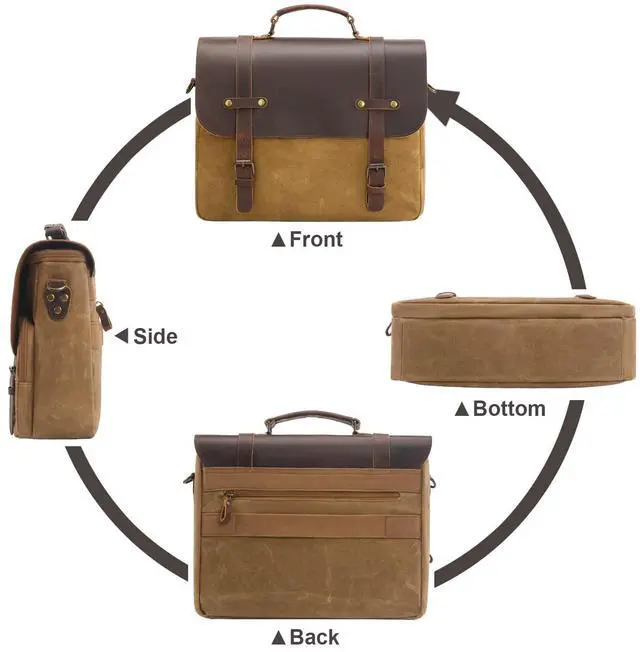 Alt view image 2 of 5 - Men's Messenger Bag Waxed Canvas Briefcase 15.6 Inch Vintage Genuine Leather Computer Laptop Bags Waterproof Satchel Shoulder Bag for Work/Business/Office