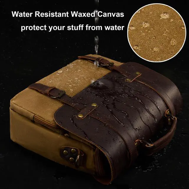 Alt view image 3 of 5 - Men's Messenger Bag Waxed Canvas Briefcase 15.6 Inch Vintage Genuine Leather Computer Laptop Bags Waterproof Satchel Shoulder Bag for Work/Business/Office