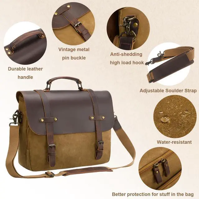Alt view image 4 of 5 - Men's Messenger Bag Waxed Canvas Briefcase 15.6 Inch Vintage Genuine Leather Computer Laptop Bags Waterproof Satchel Shoulder Bag for Work/Business/Office