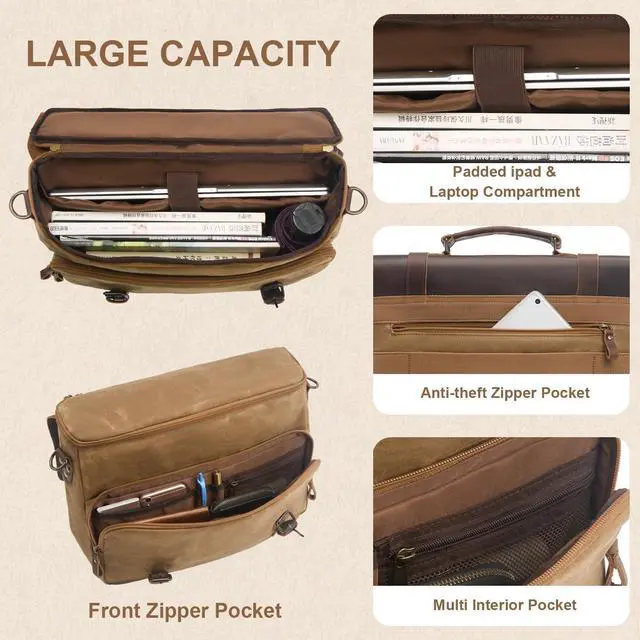 Alt view image 5 of 5 - Men's Messenger Bag Waxed Canvas Briefcase 15.6 Inch Vintage Genuine Leather Computer Laptop Bags Waterproof Satchel Shoulder Bag for Work/Business/Office