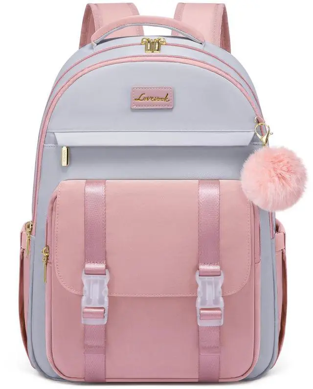 Main image of LOVEVOOK School Backpack for Teen Girls, Cute Student Backpack Purse Kid Bookbag for 14-16 Teenage, Back to School Backpacks Fit 15.6 Inch Laptop, Large College Travel Bag, Light Grey-pink