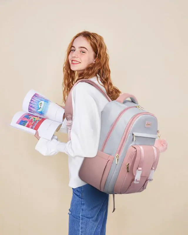 Alt view image 2 of 5 - LOVEVOOK School Backpack for Teen Girls, Cute Student Backpack Purse Kid Bookbag for 14-16 Teenage, Back to School Backpacks Fit 15.6 Inch Laptop, Large College Travel Bag, Light Grey-pink