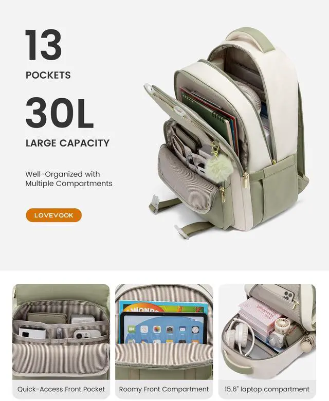 Alt view image 3 of 5 - LOVEVOOK School Backpack for Teen Girls, Cute Student Backpack Purse Kid Bookbag for 14-16 Teenage, Back to School Backpacks Fit 15.6 Inch Laptop, Large College Travel Bag, Light Grey-pink