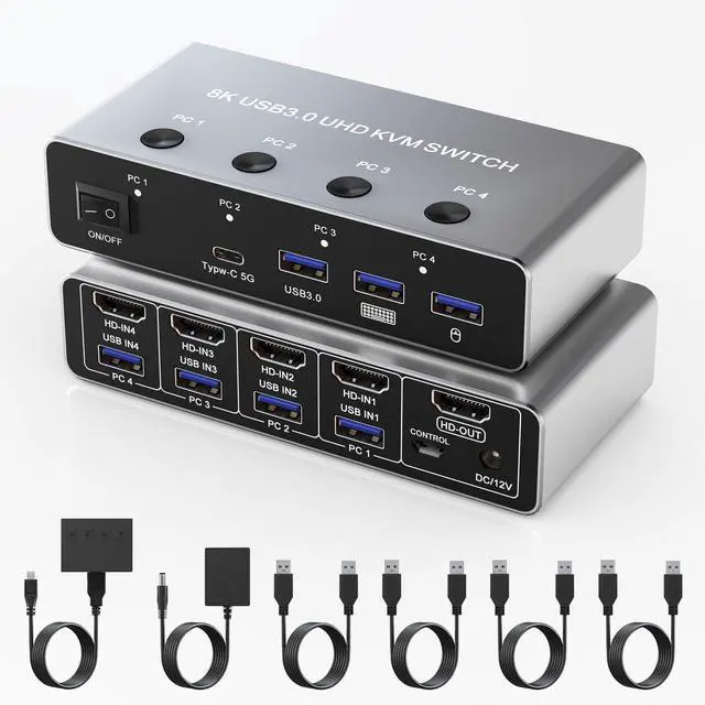 Main image of 8K@60Hz HDMI KVM Switch 4 in 1, Ultra HD KVM Switcher for 4 Computers Share One Monitor, with 4 USB 3.0 Ports, Aluminum Housing, Support Keyboard, Mouse, Printer, with 4 USB Cables and Controller
