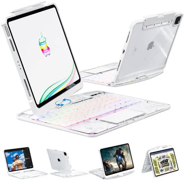 Main image of KARTICE Transparent Case with Wireless Keyboard for iPad Pro 11 Inch (M4,2024), 7 Colors Backlight, Multi-Touch Trackpad, 360° Rotating Stand Case with Pencil Holder for iPad Pro 11