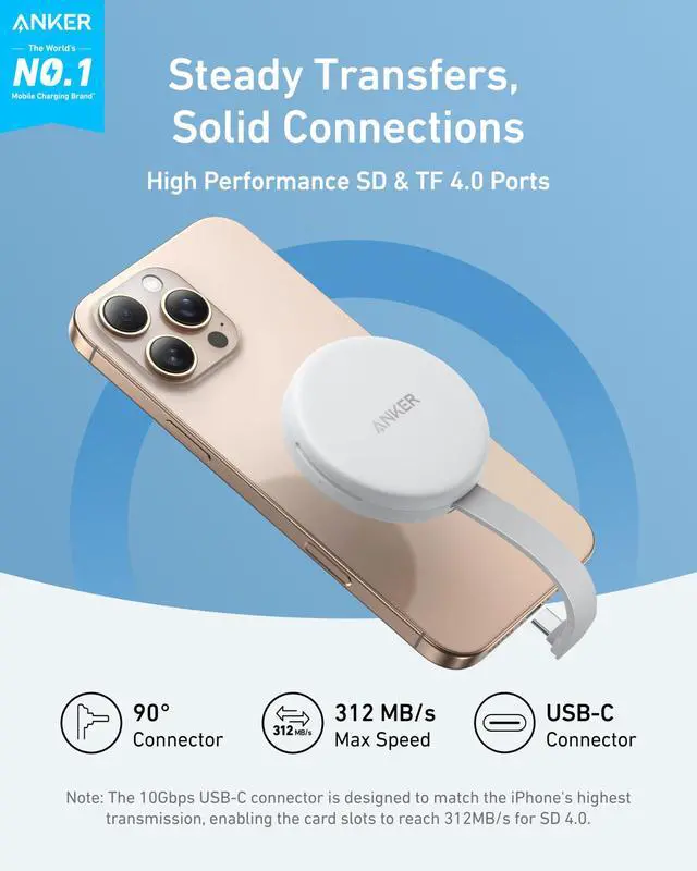 Alt view image 2 of 5 - Anker MagGo USB-C Adapter, SD Card Reader for iPhone 16/15 Series, Portable Magnetic Memory Card Reader with Built-in Cable, Slot for SD&TF, 312MB/s Max Data Transfer forUSB C Devices(White)