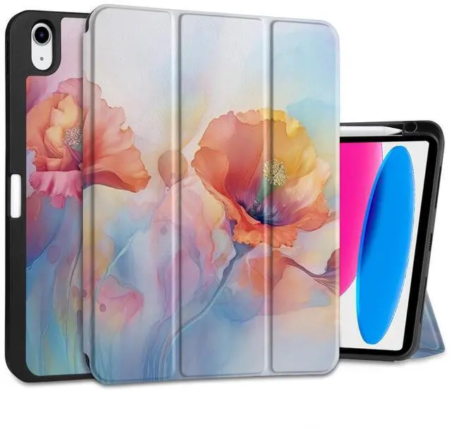 Main image of MEEgoodo Case for iPad A16 11th Generation 11 inch 2025/iPad 10th Generation 10.9 inch 2022,Tablet Cover with Trifold Stand + Pencil Holder + Auto Wake/Sleep +Soft TPU Back Cover,Field Rainbow Poppies