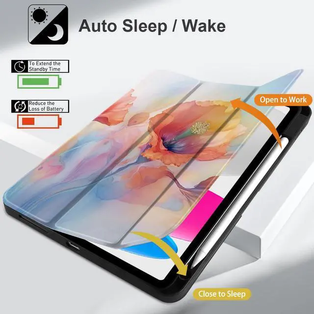 Alt view image 3 of 5 - MEEgoodo Case for iPad A16 11th Generation 11 inch 2025/iPad 10th Generation 10.9 inch 2022,Tablet Cover with Trifold Stand + Pencil Holder + Auto Wake/Sleep +Soft TPU Back Cover,Field Rainbow Poppies