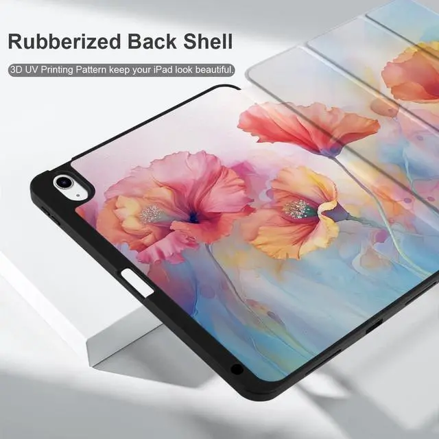 Alt view image 5 of 5 - MEEgoodo Case for iPad A16 11th Generation 11 inch 2025/iPad 10th Generation 10.9 inch 2022,Tablet Cover with Trifold Stand + Pencil Holder + Auto Wake/Sleep +Soft TPU Back Cover,Field Rainbow Poppies