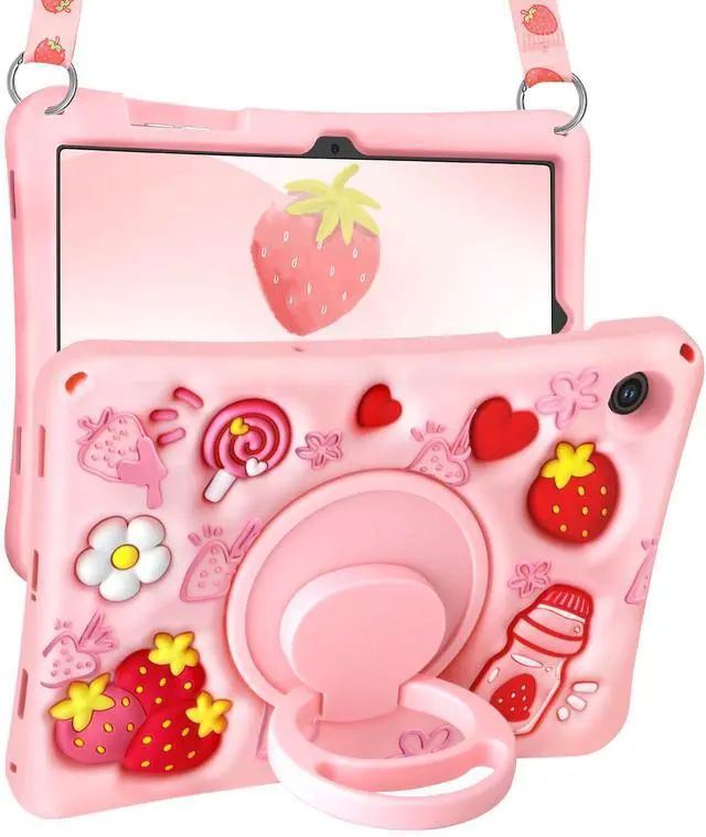 Main image of Boaretiu for Galaxy Tab A9 Plus 11 Inch 2023 - with Shoulder Strap & Rotating Stand Strawberry Cute Cartoon 3D Kawaii for Girls Girly Teens Soft Silicone for Samsung A9+ Tablet Case