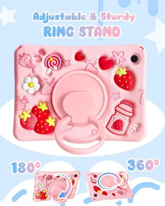 Alt view image 4 of 5 - Boaretiu for Galaxy Tab A9 Plus 11 Inch 2023 - with Shoulder Strap & Rotating Stand Strawberry Cute Cartoon 3D Kawaii for Girls Girly Teens Soft Silicone for Samsung A9+ Tablet Case