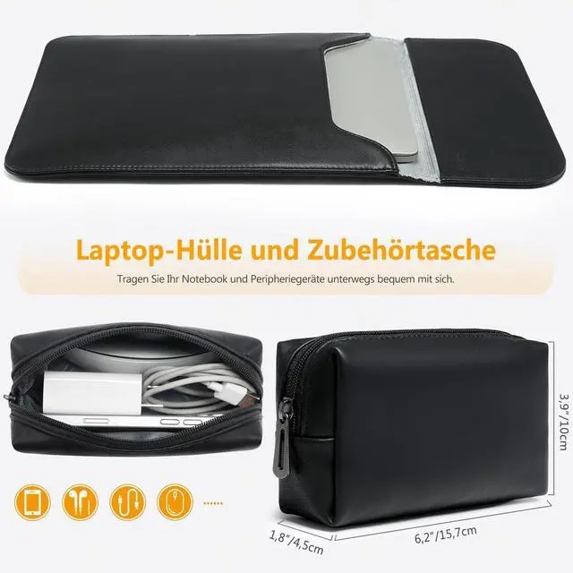 Alt view image 2 of 5 - HYZUO 15 Inch Laptop Sleeve Bag for MacBook Air 15 M4 A3241 M3 M2 2025-2023, 15" Surface Laptop 7/6/5/4/3, MacBook Pro 15 2019-2016, Faux Suede Leather Case Cover with Carry Pouch, Black