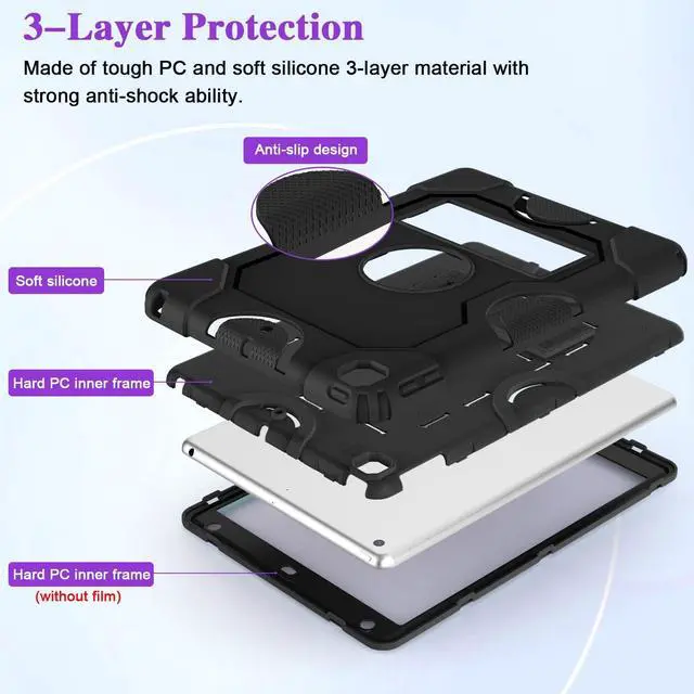 Alt view image 3 of 5 - ZoneFoker for iPad 9th Generation Case, iPad 8th 7th Generation Case, iPad 10.2 Inch 2021/2020/2019 Case, Heavy Duty Rugged Shockproof Protective Cover with Kickstand for Mans Kids Boys Black