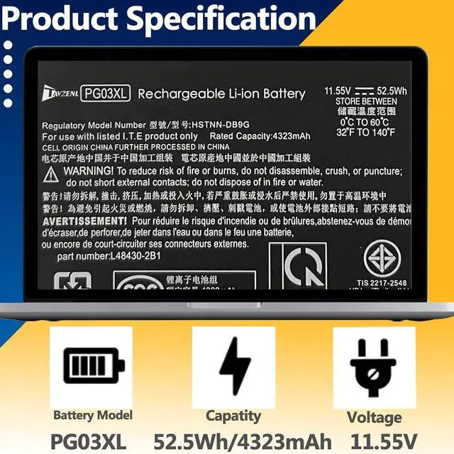 Alt view image 2 of 5 - TAVZENL PG03XL 52.5Wh Battery Replacement for HP Pavilion Gaming 15-DK 15-EC 16-A0032DX 16-A0035NR 15-EC0013DX 15-EC1073DX 15-DK0055NR 15-DK0125TX OMEN 5X FPC52 L48495-005 HSTNN-DB9G L48430-AC1 11.55V