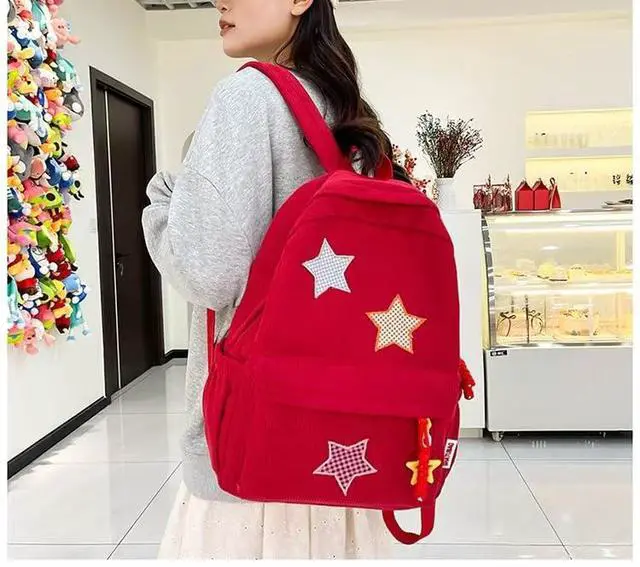 Alt view image 2 of 5 - MININAI Corduroy Star Backpack Cute Y2k Preppy Backpack Aesthetic College Laptop Backpack Y2k Accessories for Women (Red)