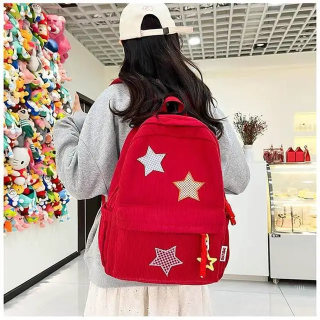 Alt view image 3 of 5 - MININAI Corduroy Star Backpack Cute Y2k Preppy Backpack Aesthetic College Laptop Backpack Y2k Accessories for Women (Red)
