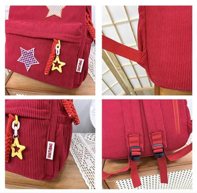Alt view image 5 of 5 - MININAI Corduroy Star Backpack Cute Y2k Preppy Backpack Aesthetic College Laptop Backpack Y2k Accessories for Women (Red)