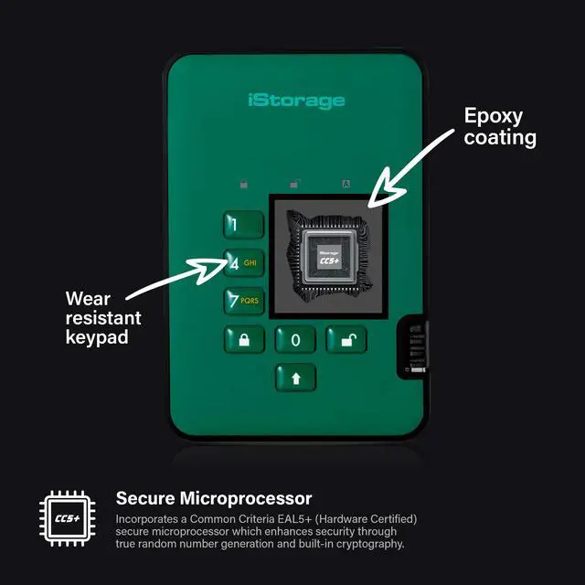 Alt view image 4 of 5 - iStorage diskAshur2 HDD 5TB Green | Secure portable hard drive | Password protected | Dust & water resistant | Hardware Encryption