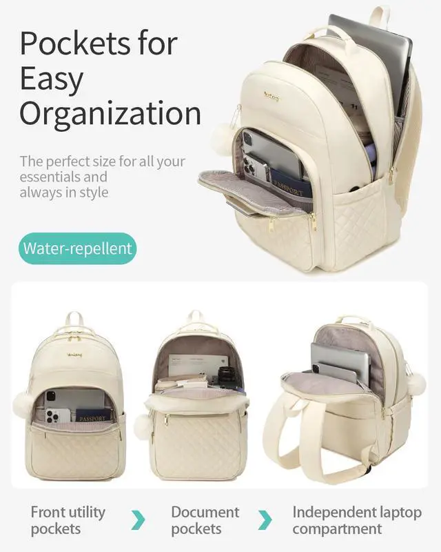 Alt view image 3 of 5 - VANKANY Travel Laptop Backpack Women, Water Resistant Bookbag Schoolbag with Charging Hole for Teen Girls College Students Work Bag, Beige