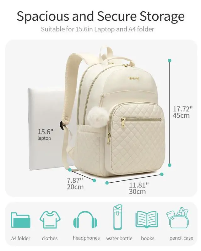 Alt view image 4 of 5 - VANKANY Travel Laptop Backpack Women, Water Resistant Bookbag Schoolbag with Charging Hole for Teen Girls College Students Work Bag, Beige