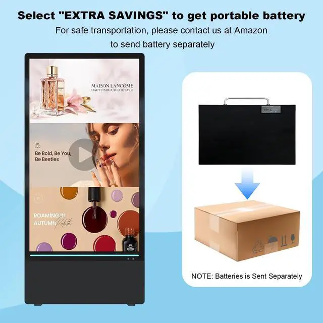 Alt view image 2 of 5 - SIOXCFZ 43 inch Rechargeable Portable Outdoor Digital Signage Displays, 2K FHD, IP55 Waterproof, Smart LCD Split Screen, Brightness Auto-Adjustment Movable Advertising Kiosk with Android OS