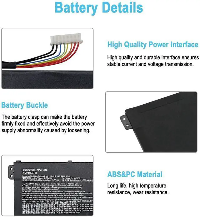 Alt view image 3 of 5 - TAICROWNE 53Wh AP20CBL Replacement Laptop Battery for Acer Swift 3 SF314-43 SF314-551 Aspire 5 A515-45 A515-46 Aspire 7 A715-43G Vero AV15-51 ravelMate Spin B3 311RNA-32 TMB311RNA-32 4590mAh 11.55V