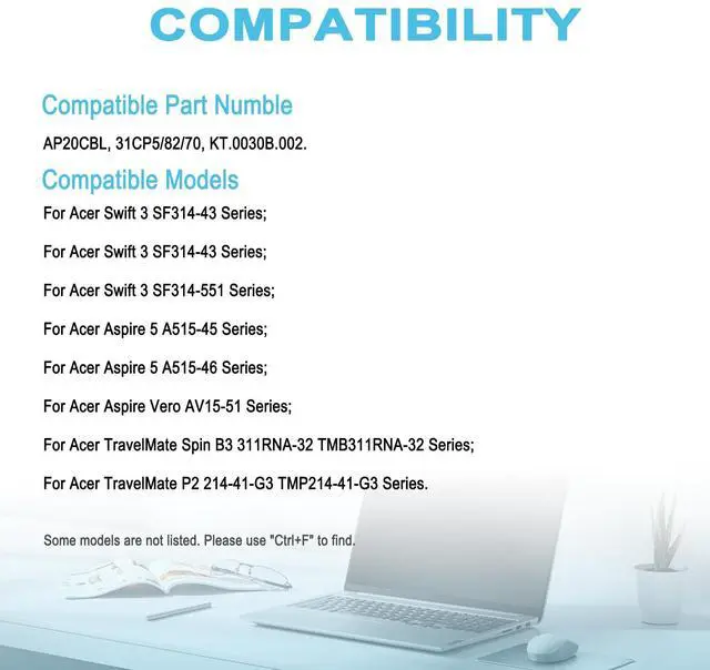 Alt view image 5 of 5 - TAICROWNE 53Wh AP20CBL Replacement Laptop Battery for Acer Swift 3 SF314-43 SF314-551 Aspire 5 A515-45 A515-46 Aspire 7 A715-43G Vero AV15-51 ravelMate Spin B3 311RNA-32 TMB311RNA-32 4590mAh 11.55V