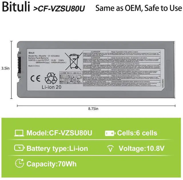 Alt view image 2 of 5 - Bituli CF-VZSU80U,Laptop Battery Replacement for Panasonic CF-C2 Toughbook Tablet PC Series Notebook CF-VZSU83U CF-VZSU82U CF-C2AECCHCE 10.8V 70Wh 6800mAh