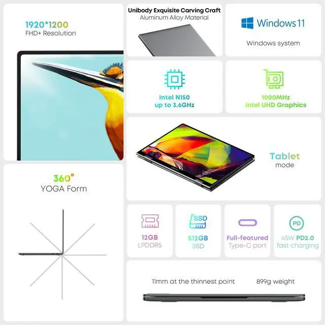 Alt view image 5 of 5 - CHUWI MiniBook X 2-in-1 Laptop 10.51", 16GB LPDDR5 512GB SSD, Intel N150 (up to 3.6GHz), Windows 11 Convertible Laptop, 2TB SSD Expand, FHD IPS 2K Touchscreen, Backlit Keyboard, WiFi 6, BT5.2