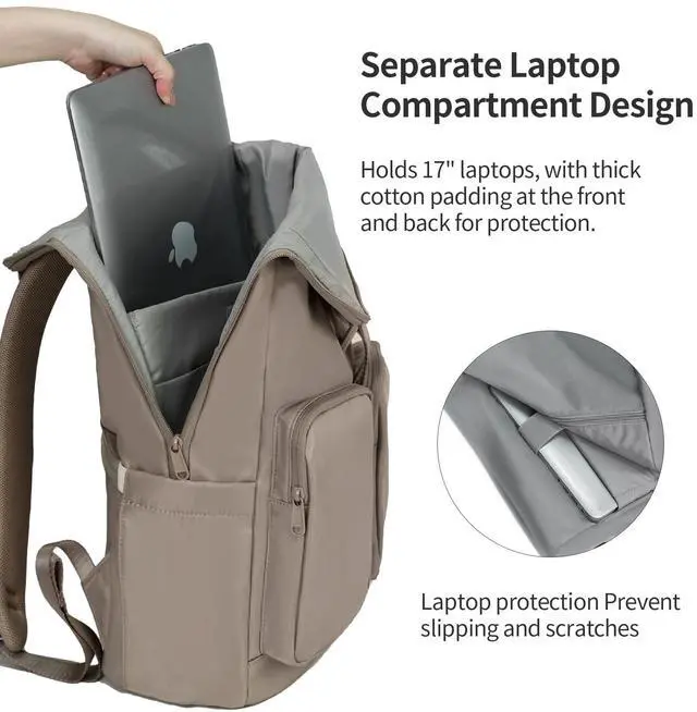 Alt view image 4 of 5 - aji Travel Laptop Backpack for Men Women, Large School Backpack Fit 17Inch Laptop, Side Access&Wide Opening Expandable Carry on Backpack for Airplanes, Water Resistant Computer Backpack(Apricot)