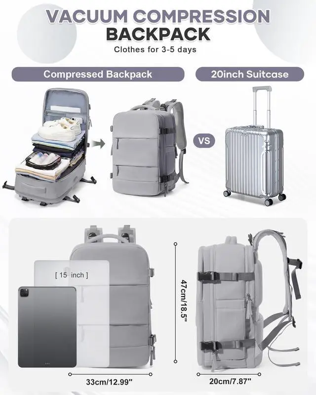 Alt view image 4 of 5 - coowoz Vacuum Backpack Travel with Pump Travel Backpack with Vacuum System for Women Men mochila de viaje compresion al vacio Carry On Flight Approved Airplanes Personal item Travel Bag