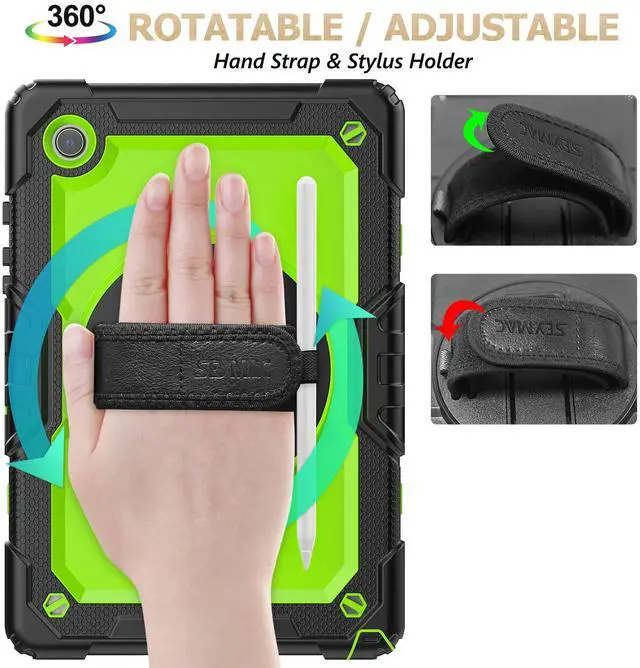 Alt view image 4 of 5 - SEYMAC stock Case for Samsung Galaxy Tab A9 8.7'', Full-Body Drop Protection Case with Screen Protector Pencil Holder [360° Rotating Hand Strap] &Stand, Green+Black