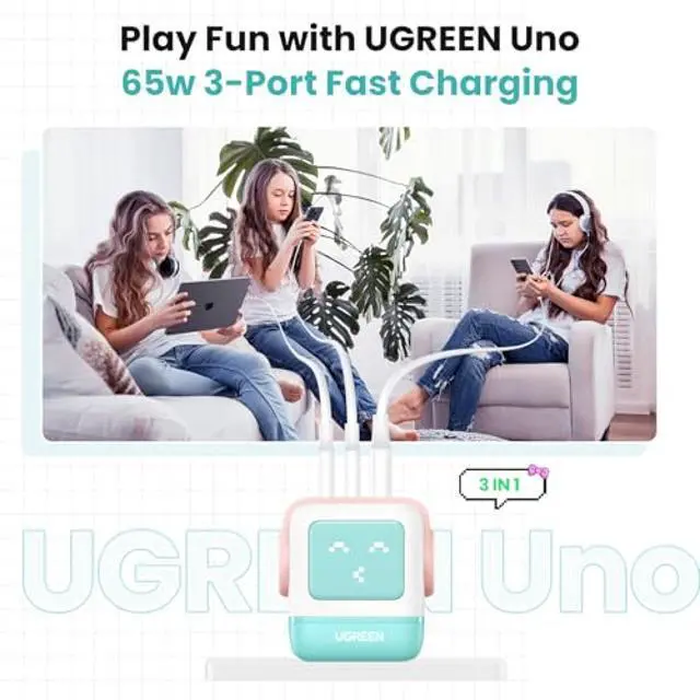 Alt view image 2 of 5 - UGREEN Uno 65W USB C Charging Block Nexode 3-Port GaN Charger Compact Fast USB C Power Adapter for MacBook Pro/Air, XPS 13, Note 20/10+, iPhone 17/16, Galaxy S25/S24, Steam Deck, ROG Ally(Pink Blue)