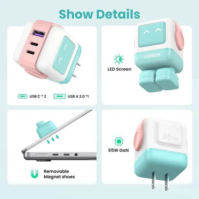 Alt view image 3 of 5 - UGREEN Uno 65W USB C Charging Block Nexode 3-Port GaN Charger Compact Fast USB C Power Adapter for MacBook Pro/Air, XPS 13, Note 20/10+, iPhone 17/16, Galaxy S25/S24, Steam Deck, ROG Ally(Pink Blue)