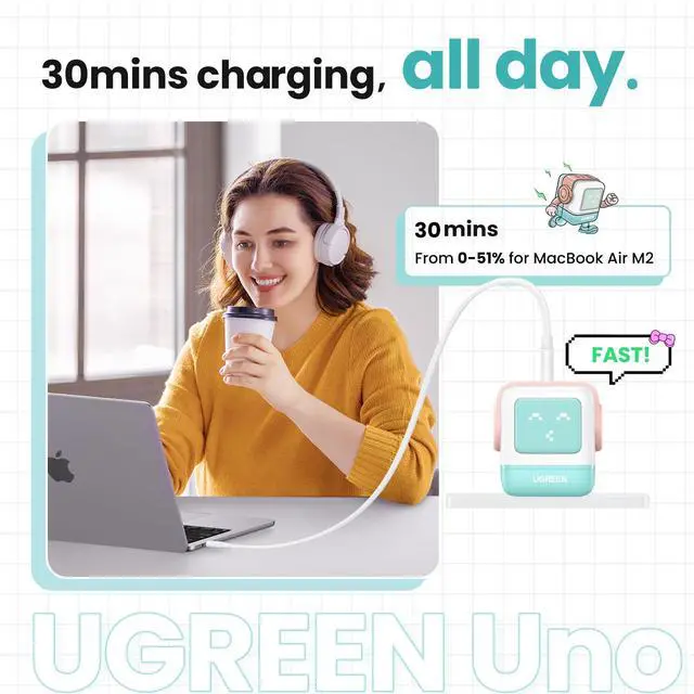 Alt view image 5 of 5 - UGREEN Uno 65W USB C Charging Block Nexode 3-Port GaN Charger Compact Fast USB C Power Adapter for MacBook Pro/Air, XPS 13, Note 20/10+, iPhone 17/16, Galaxy S25/S24, Steam Deck, ROG Ally(Pink Blue)