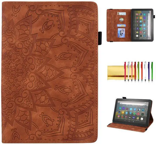 Main image of Case for Amazon Fire HD 8 2024 2022 2020/8 Plus 12th 10th Gen, Techcircle Mandala Embossed PU Leather Folio Stand Soft TPU Back Cover Slim Lightweight Elastic Band Protective Case w/Card Slots, Brown