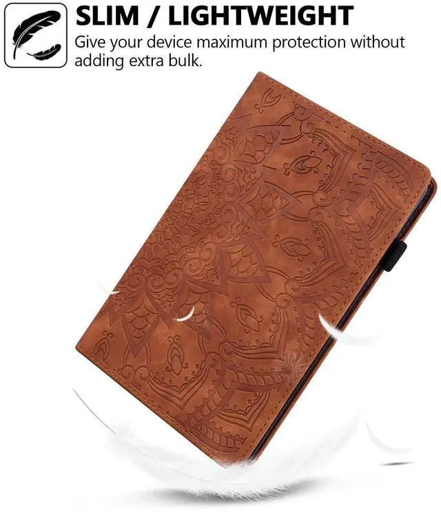 Alt view image 2 of 5 - Case for Amazon Fire HD 8 2024 2022 2020/8 Plus 12th 10th Gen, Techcircle Mandala Embossed PU Leather Folio Stand Soft TPU Back Cover Slim Lightweight Elastic Band Protective Case w/Card Slots, Brown