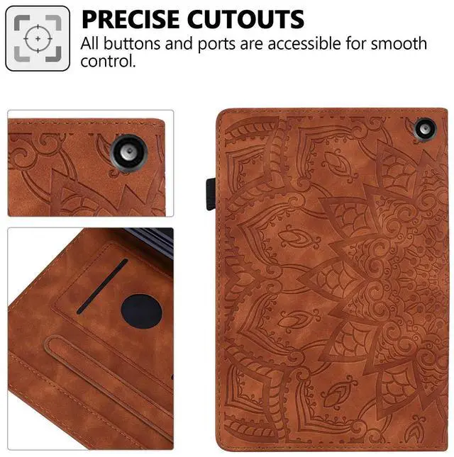 Alt view image 3 of 5 - Case for Amazon Fire HD 8 2024 2022 2020/8 Plus 12th 10th Gen, Techcircle Mandala Embossed PU Leather Folio Stand Soft TPU Back Cover Slim Lightweight Elastic Band Protective Case w/Card Slots, Brown