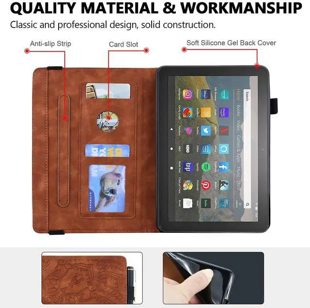 Alt view image 4 of 5 - Case for Amazon Fire HD 8 2024 2022 2020/8 Plus 12th 10th Gen, Techcircle Mandala Embossed PU Leather Folio Stand Soft TPU Back Cover Slim Lightweight Elastic Band Protective Case w/Card Slots, Brown