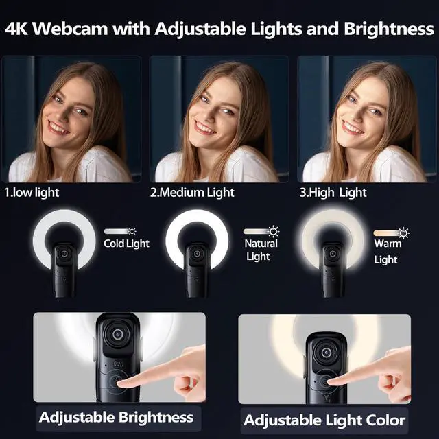 Alt view image 2 of 5 - 4K Webcam with Light, Streaming Camera with Microphone, Plug and Play, USB HD Computer Web Cam, 1080P Auto-Focus, 73°FOV PC Camera for Zoom Skype Teams, Desktop, Black