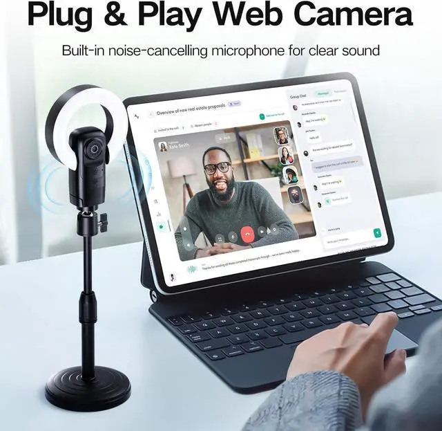 Alt view image 3 of 5 - 4K Webcam with Light, Streaming Camera with Microphone, Plug and Play, USB HD Computer Web Cam, 1080P Auto-Focus, 73°FOV PC Camera for Zoom Skype Teams, Desktop, Black