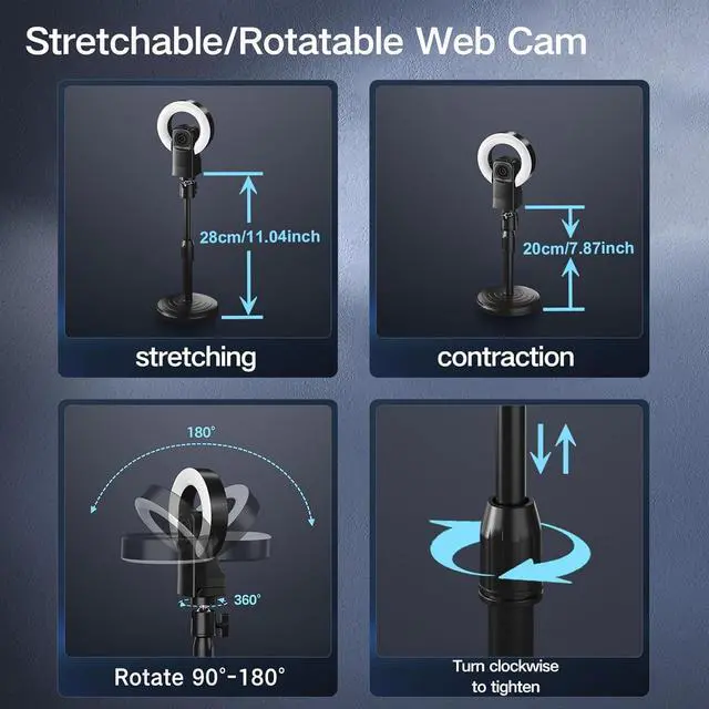 Alt view image 4 of 5 - 4K Webcam with Light, Streaming Camera with Microphone, Plug and Play, USB HD Computer Web Cam, 1080P Auto-Focus, 73°FOV PC Camera for Zoom Skype Teams, Desktop, Black