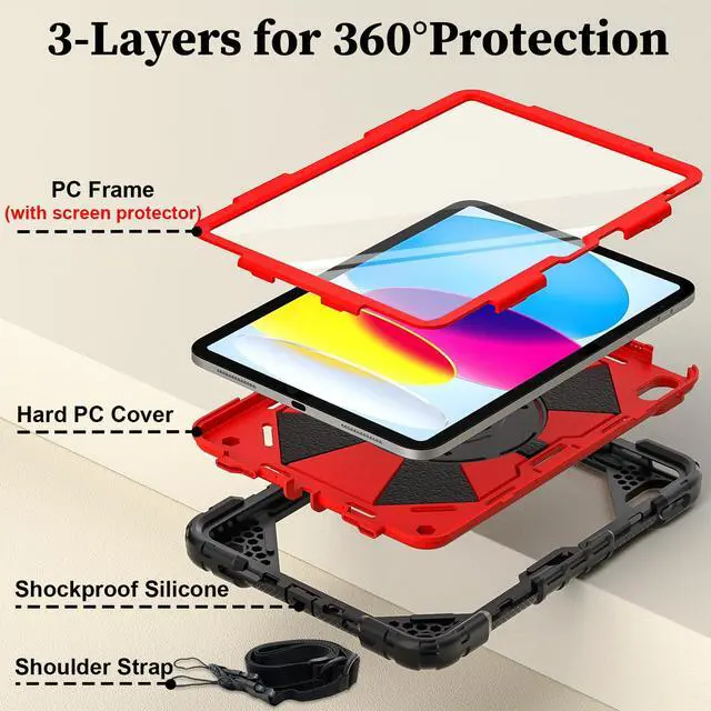 Alt view image 3 of 5 - Nitupai Case for iPad 10th Generation 10.9 Inch 2022 / iPad A16 Case 11 Inch 2025 with Screen Protector 10th Gen Cover for Kids Pencil Holder 360° Rotating Stand Shoulder Strap, Black Red