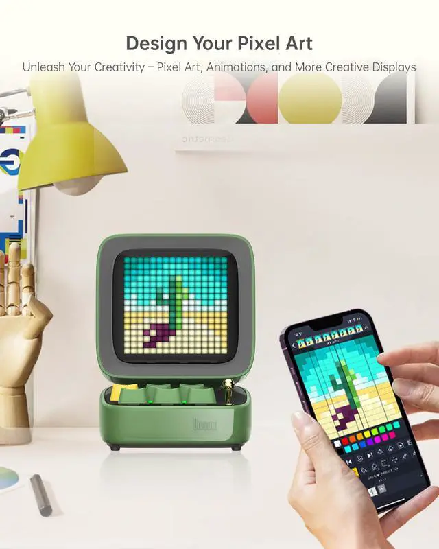 Alt view image 3 of 5 - Divoom Ditoopro Bluetooth Pixel Art Speaker, DIY Animation LED Display with App Control, Fun Gaming Speaker, Kawaii Decor for Living Room, Bedside Desk, Office, Green