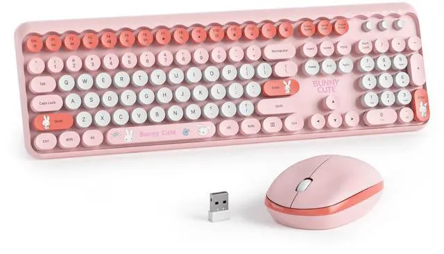 Main image of Mosptnspg Girly Keyboard and Mouse Wireless, 2.4GHz Full-Sized Cute Pink Keyboard Mouse Set with Retro Typewriter Round Keys for Windows, Computer, Laptops, PC (Dot Pink)